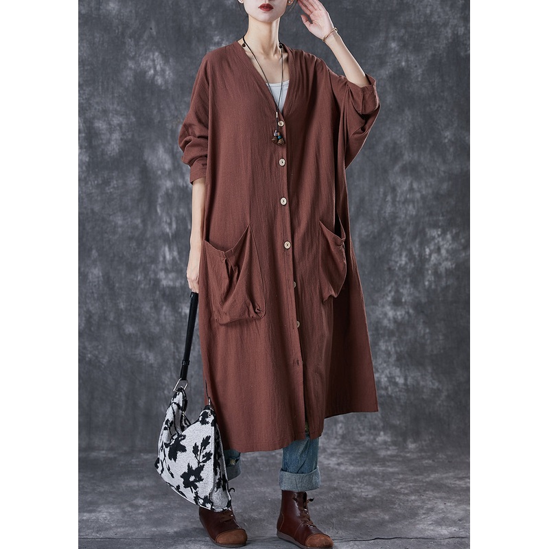 Modern Chocolate Oversized Pockets Linen Trench Spring