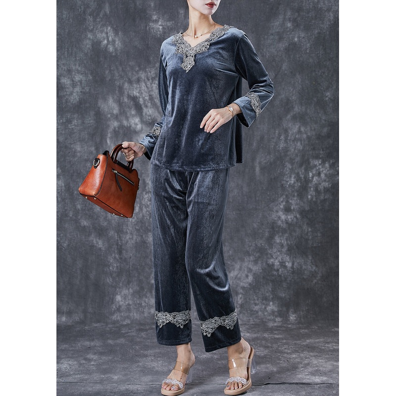 Modern Grey V Neck Lace Patchwork Silk Velour Two Pieces Set Fall