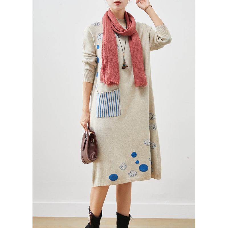 Modern Light Grey Print Knit Long Dress Fall