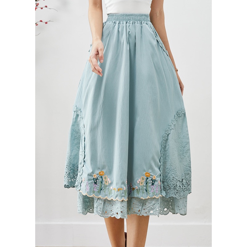 Natural Sky Blue Embroidered Patchwork Cotton Skirt Fall