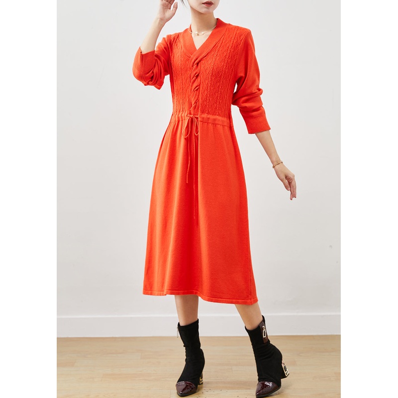 Orange Cable Knit A Line Dress Cinched Spring