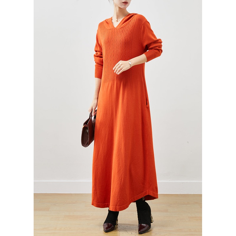 Orange Silm Fit Knit Ankle Dress Hooded Spring