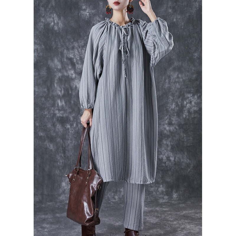 Organic Grey Ruffled Striped Cotton Dress Two Piece Suit Set Fall