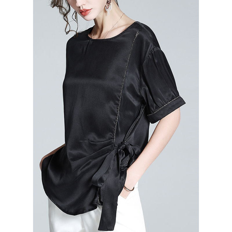 Plus Size Black O-Neck Drawstring Tie Waist Silk T Shirt Summer