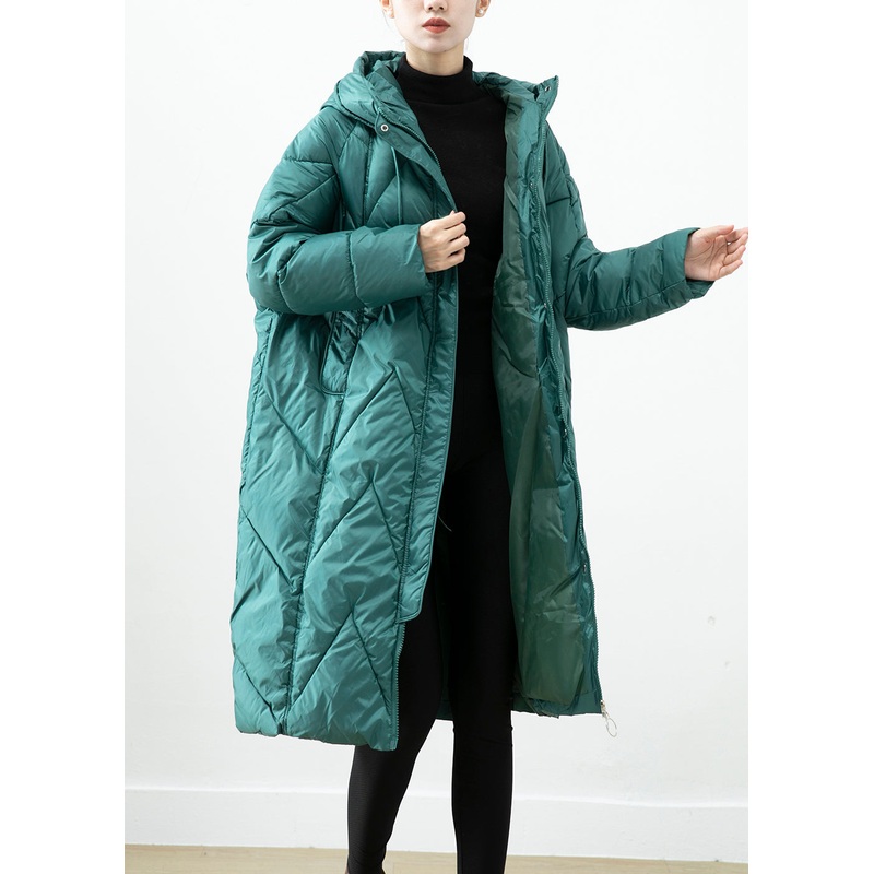 Plus Size Blackish Green Hooded Pockets Fine Cotton Filled Jacket In Winter