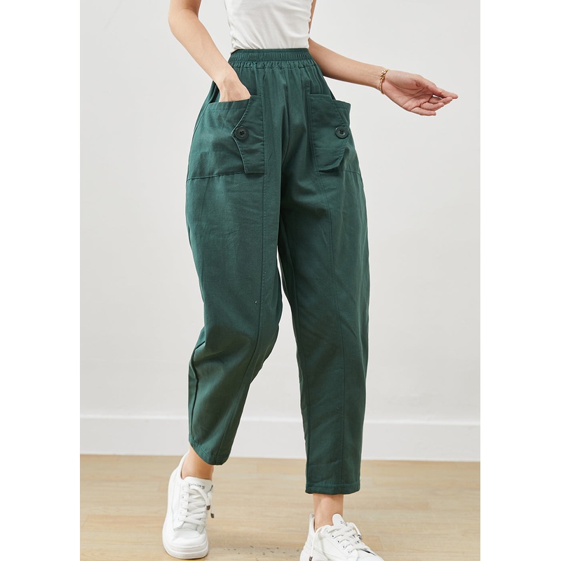 Plus Size Green Oversized Pockets Cotton Harem Pants Fall
