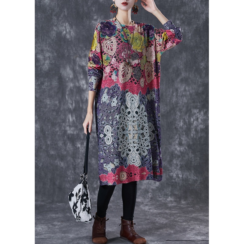 Red Print Knit Long Dress Oversized Spring