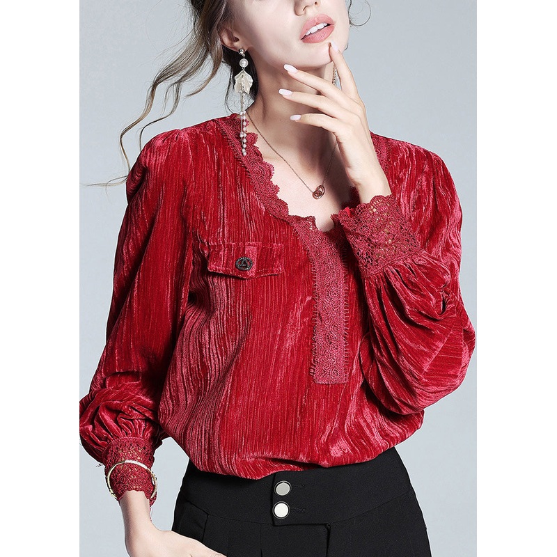Sexy Red V Neck Lace Patchwork Silk Velour Top Long Sleeve