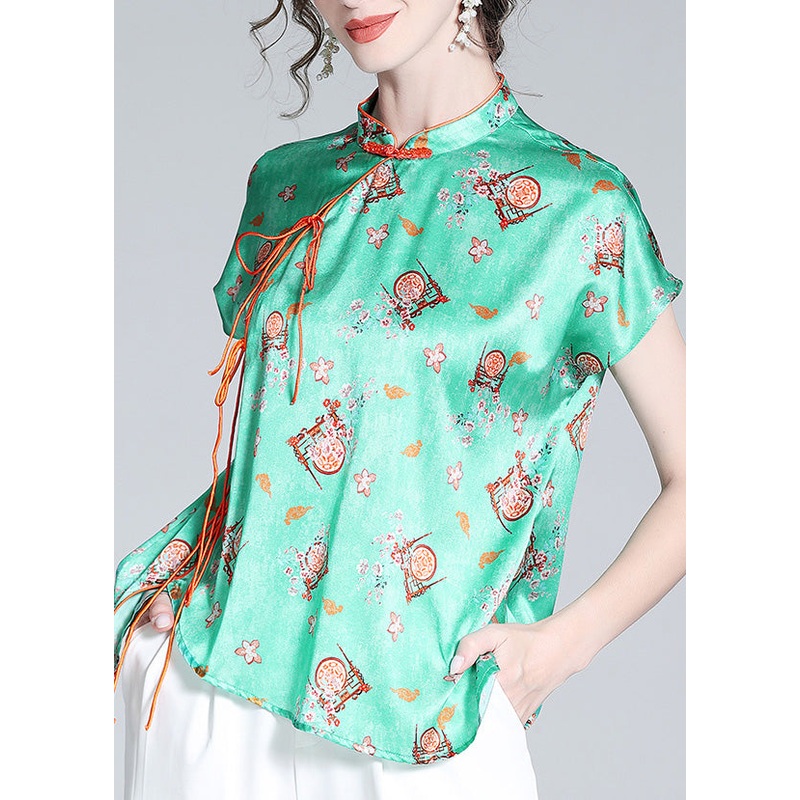 Simple Green Stand Collar Asymmetrical Print Button Silk Top Short Sleeve