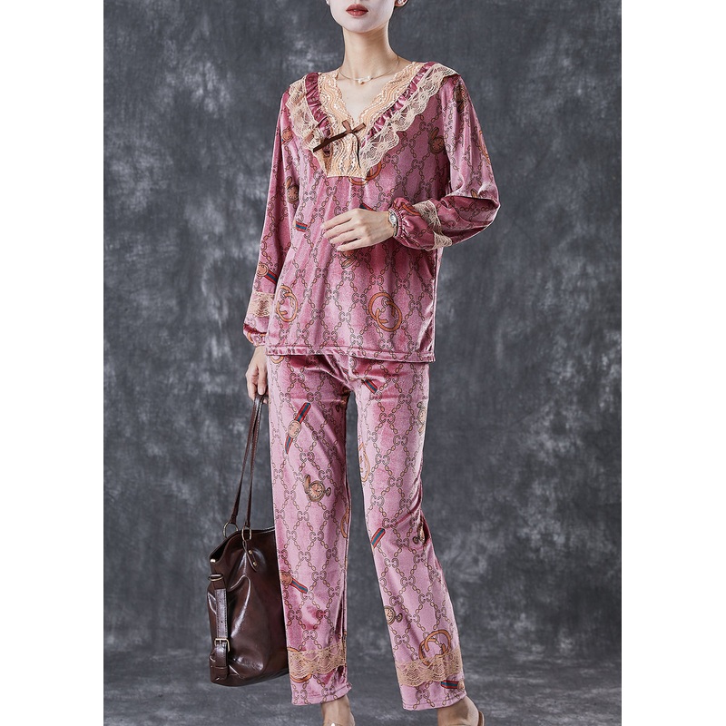 Simple Rubber Red Ruffled Print Patchwork Lace Silk Velour Two Pieces Set Fall