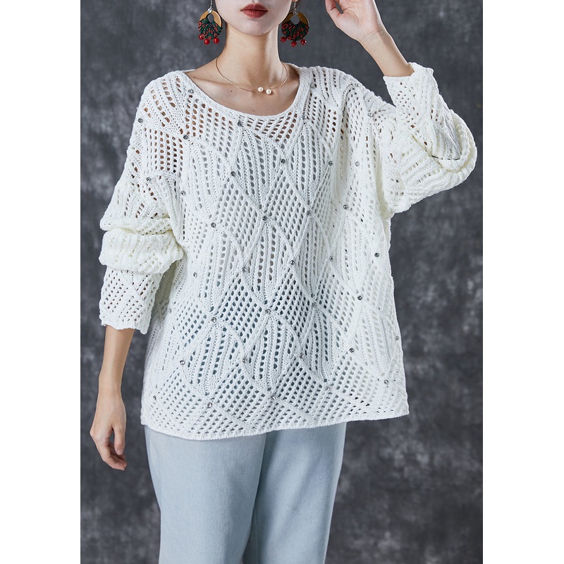 Simple White Hollow Out Zircon Knit Tops Fall