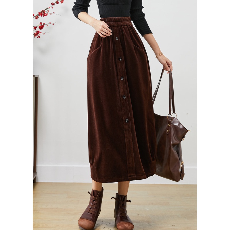 Style Chocolate Elastic Waist Button Corduroy Skirts Fall