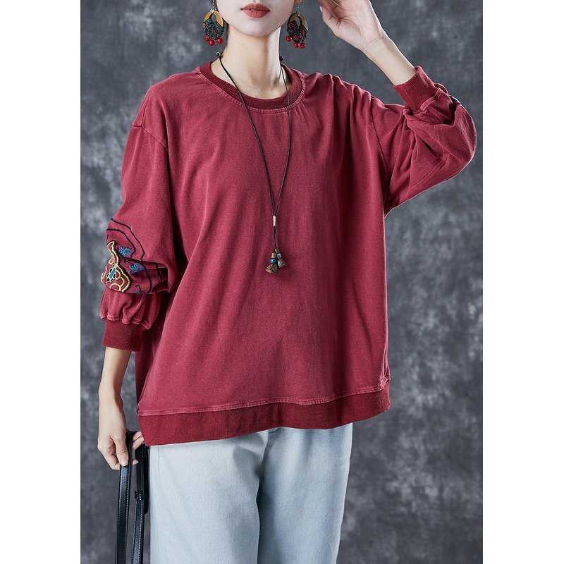 Style Dull Red Embroideried Cotton Loose Sweatshirts Top Fall