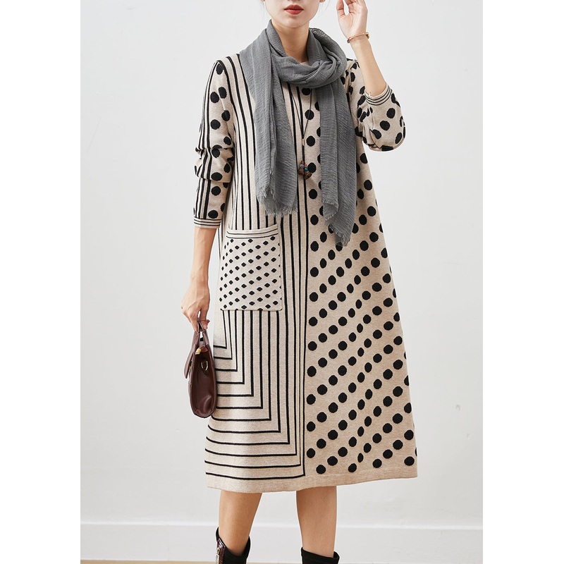 Style Khaki Patchwork Print Knit Sweater Dress Fall