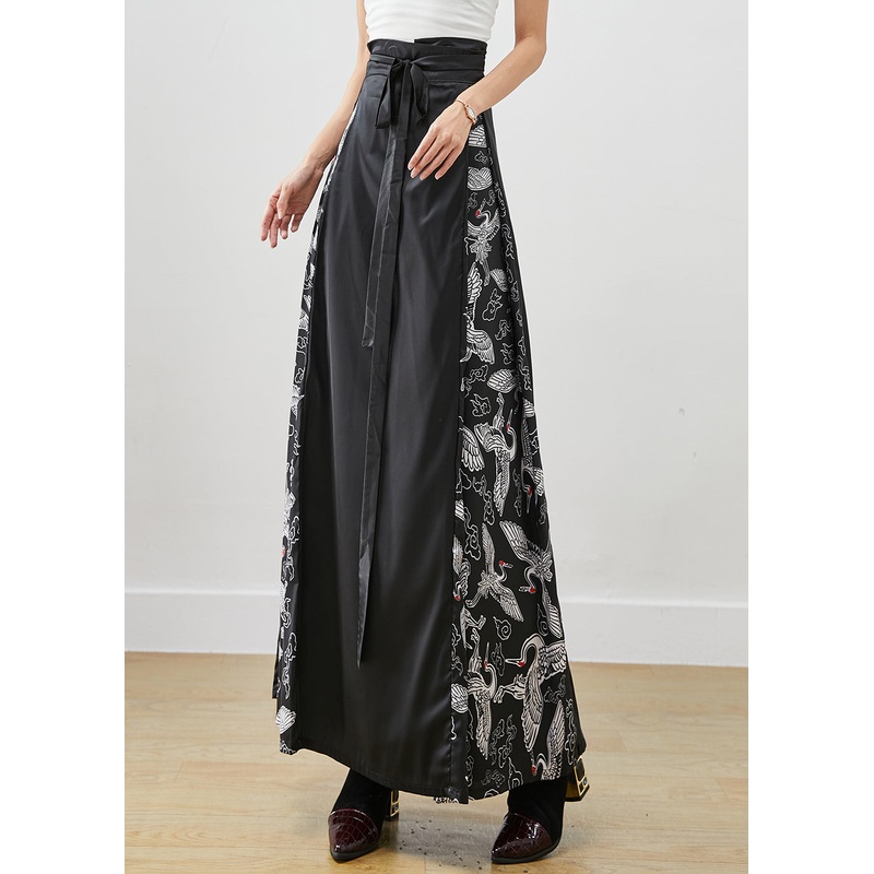 Stylish Black Tie Waist Patchwork Silk A Line Skirts Fall