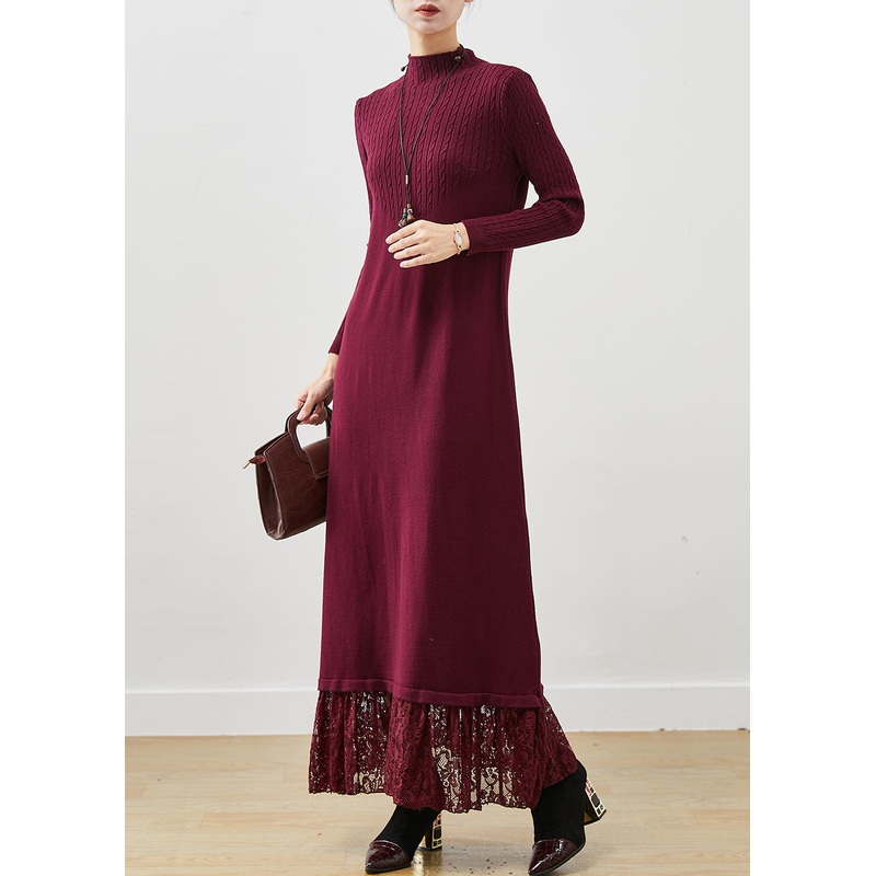 Stylish Mulberry Silm Fit Patchwork Lace Knitted Long Dress Spring