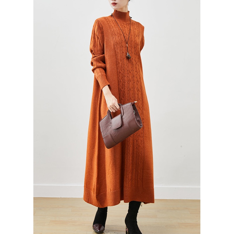 Stylish Orange Oversized Cable Knit Ankle Dress Spring