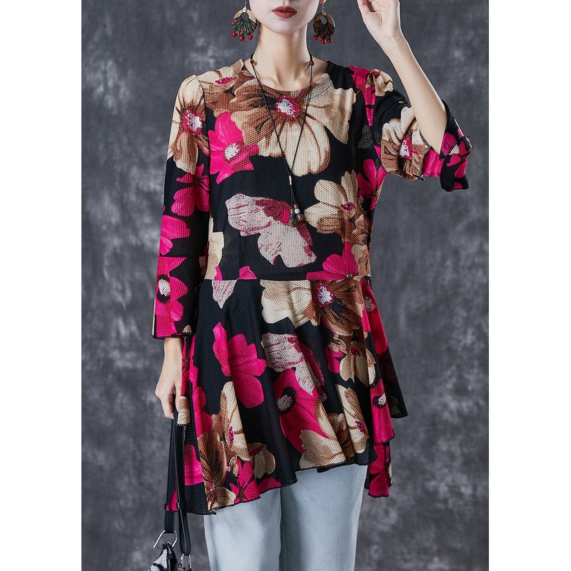Stylish Red Print Asymmetrical Design Tulle Blouses Flare Sleeve