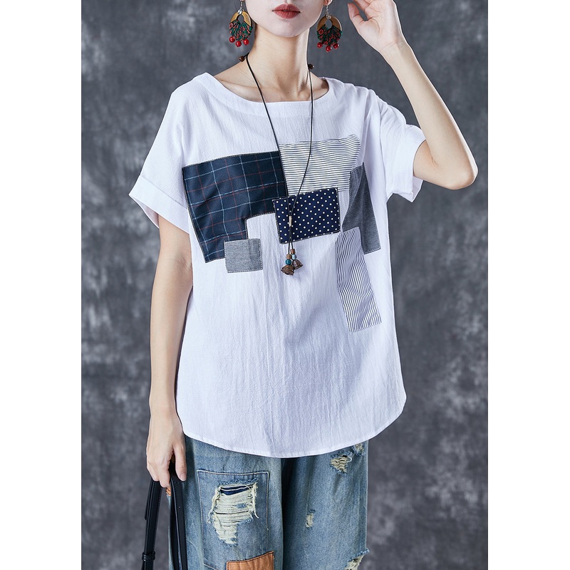 Stylish White Oversized Patchwork Applique Cotton Tanks Summer