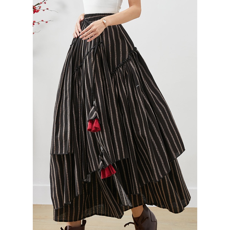 Unique Black Asymmetrical Striped Cotton Skirt Fall