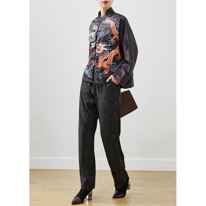 Vintage Black Embroideried Silk Chinese Style Two Piece Set Outfits Fall
