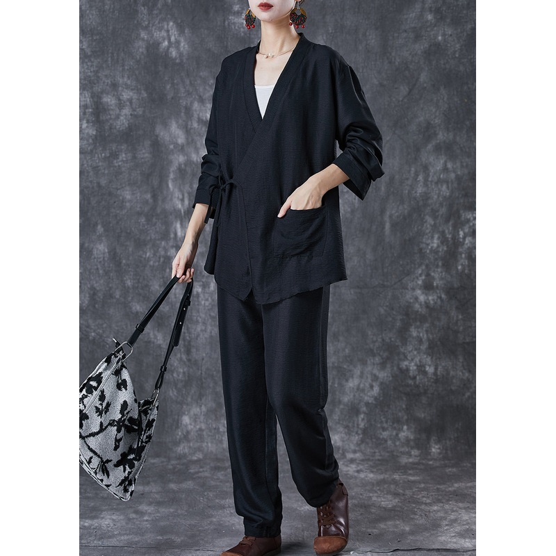 Vintage Black Oversized Tie Waist Linen Two Pieces Set Fall