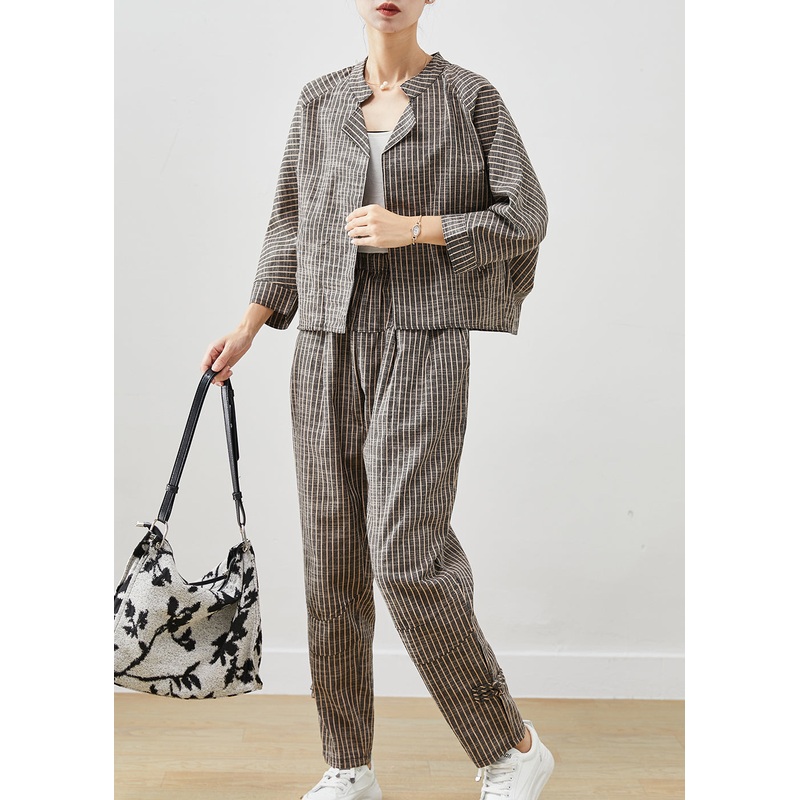 Vintage Grey Striped Linen Two Pieces Set Spring