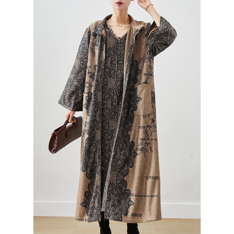 Vintage Khaki Oversized Print Cotton Two Piece Set Winter