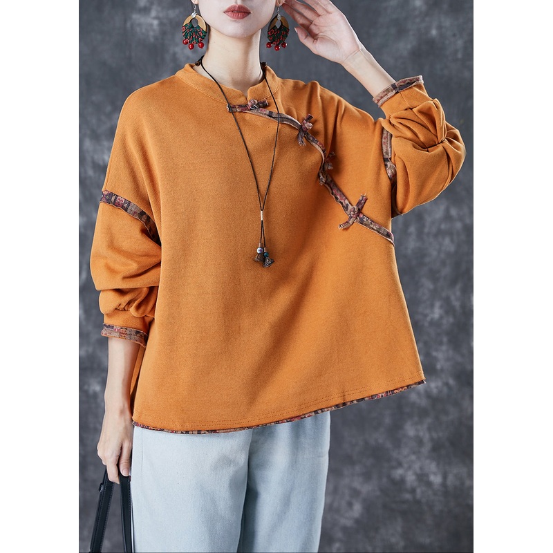 Vintage Orange Chinese Button Patchwork Cotton Shirt Tops Spring