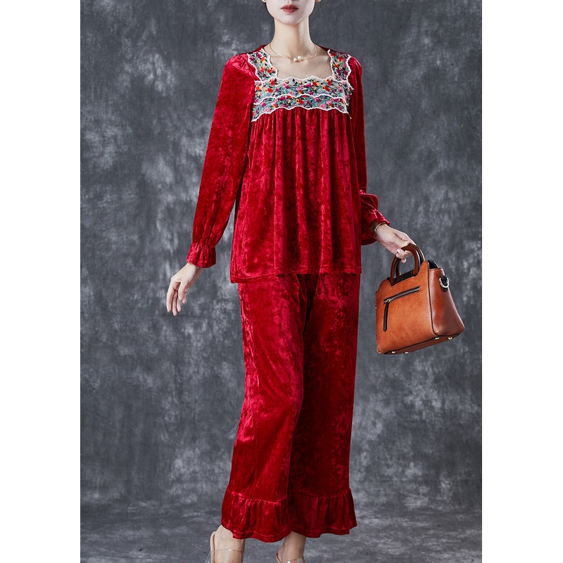 Vintage Red Embroideried Patchwork Silk Velour Women Two Piece Set Fall