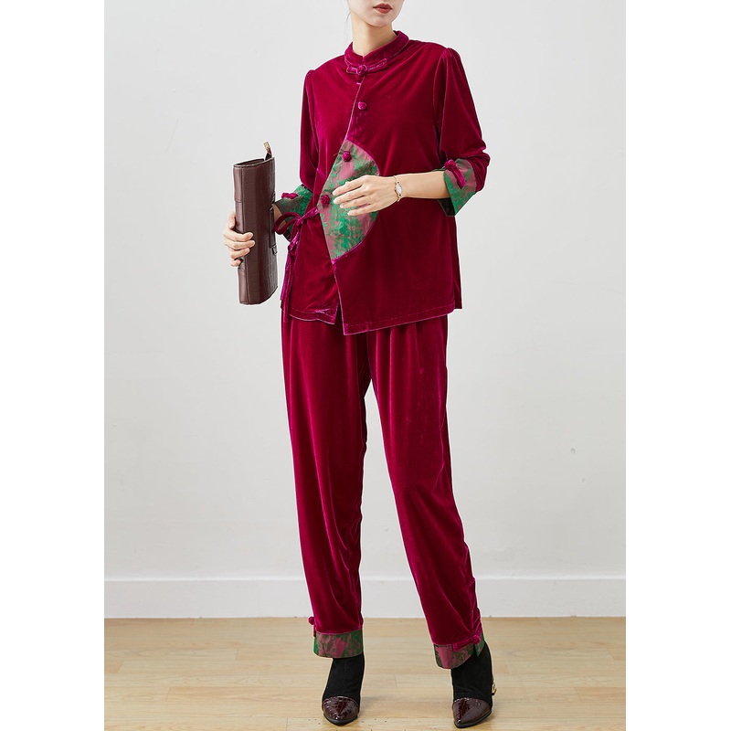 Vintage Rose Tie Waist Patchwork Silk Velour Two Pieces Set Spring