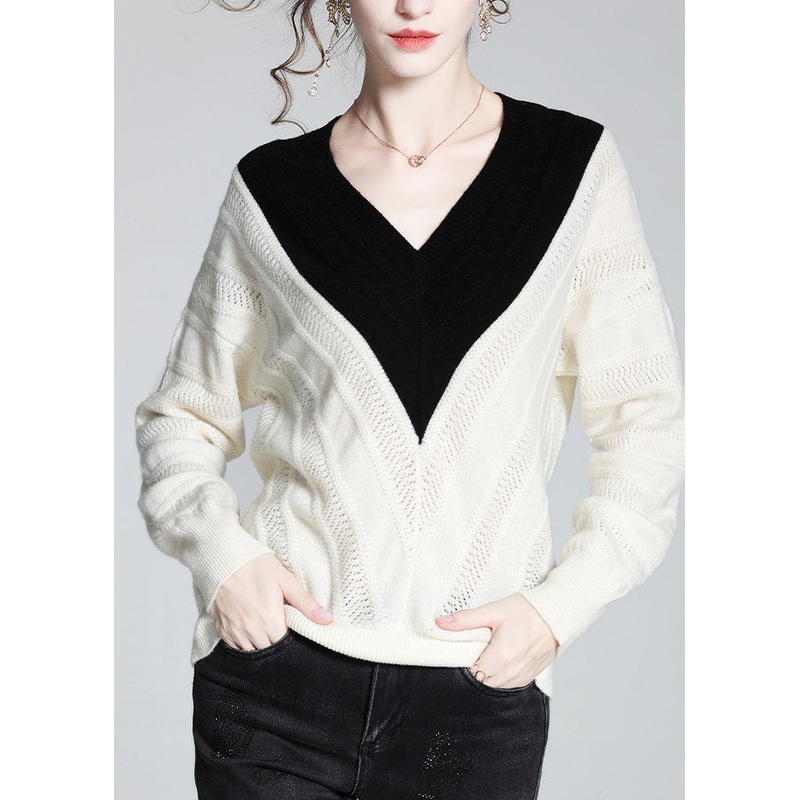 Vogue White V Neck Thick Patchwork Woolen Sweaters Spring