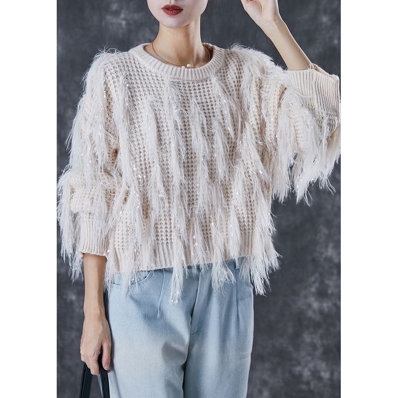 White Thick Knit Sweaters Tasseled Sequins Winter