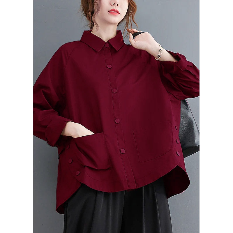 Wine red Patchwork Cotton Shirt Top Oversized Pockets Fall