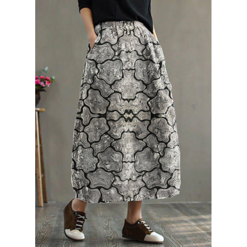 Women Black - texture Elastic Waist Patchwork Print Fine Cotton Filled Skirt Winter