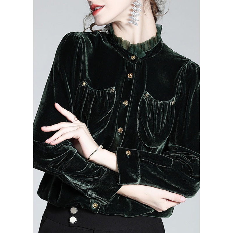 Women Blackish Green Stand Collar Button Silk Velour Shirt Long Sleeve