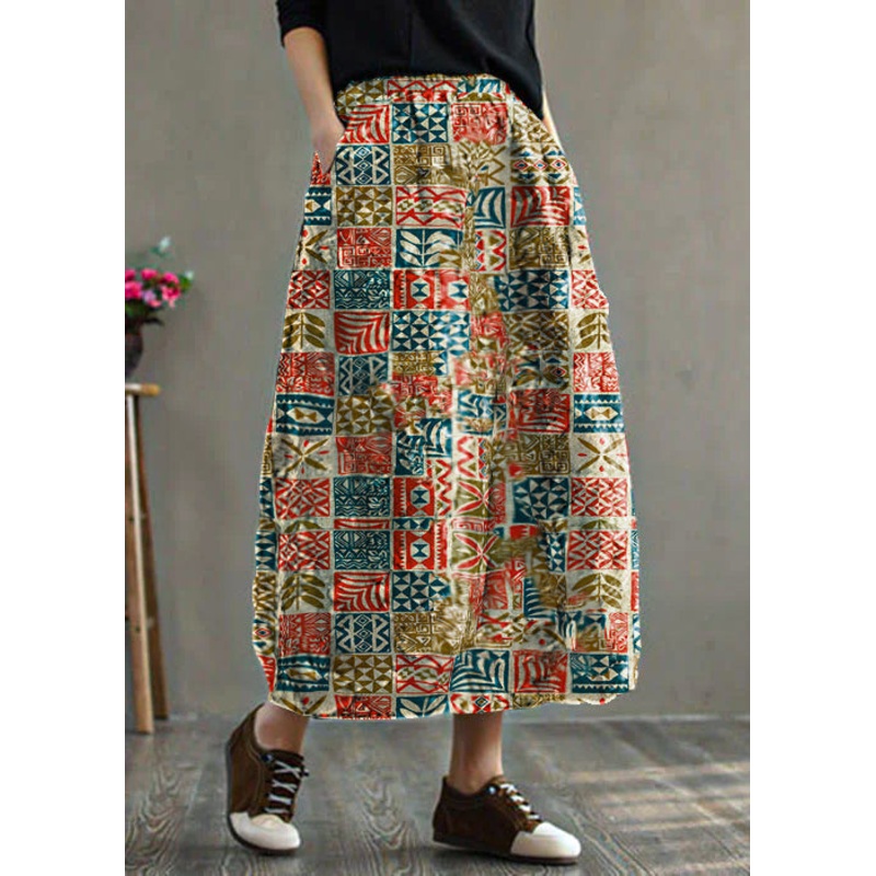 Women Geometry Elastic Waist Patchwork Print Fine Cotton Filled Skirt Winter