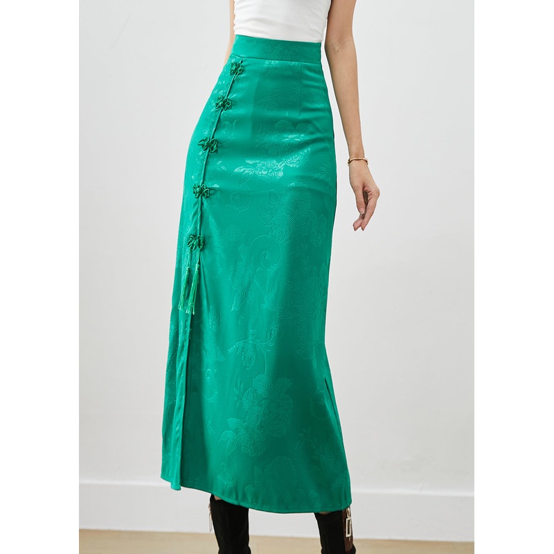 Women Green Jacquard Chinese Button Silk Wraped Skirt Fall