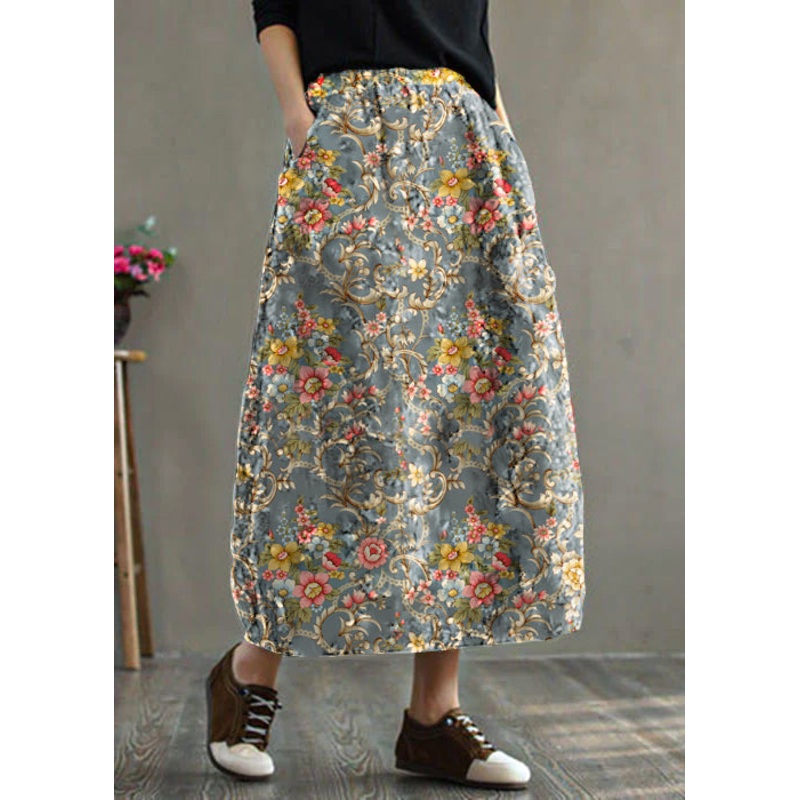 Women Grey-floral Elastic Waist Patchwork Print Fine Cotton Filled Skirt Winter