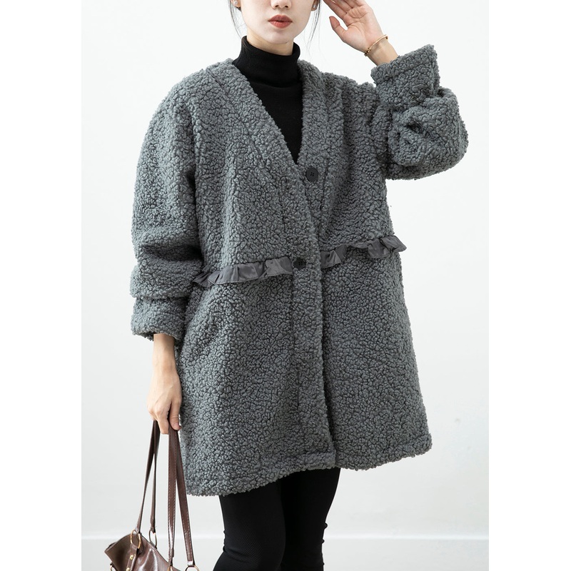 Women Grey Ruffled Patchwork Faux Fur Coat Winter