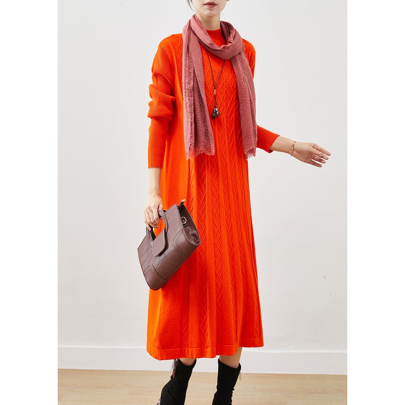 Women Orange Stand Collar Wrinkled Knit Dress Winter
