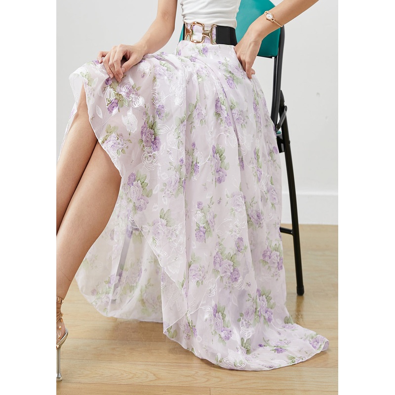 Women Purple Floral Print Chiffon A Line Skirts Fall