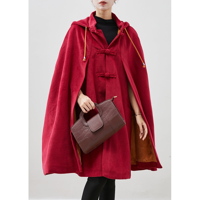 Women Red Hooded Chinese Button Warm Fleece Coats Cloak Sleeves