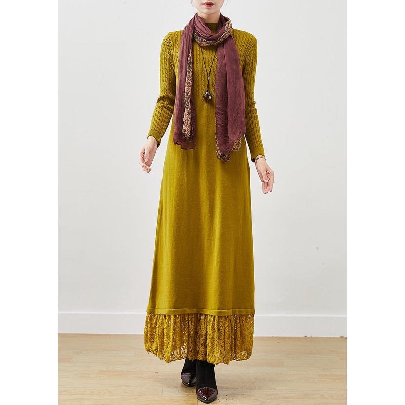 Yellow Patchwork Lace Knit Sweater Dress Silm Fit Spring