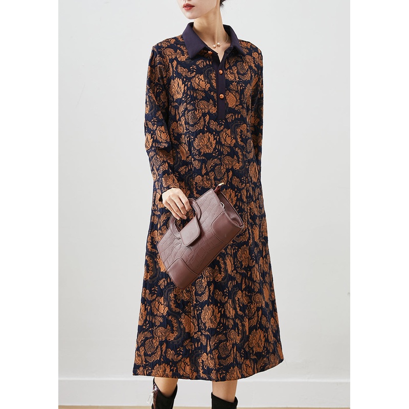 Yellow Print Cotton Vacation Dresses Peter Pan Collar Fall