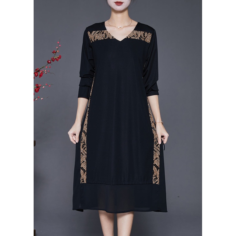 Art Black V Neck Patchwork Chiffon Fake Two Piece Dress Fall