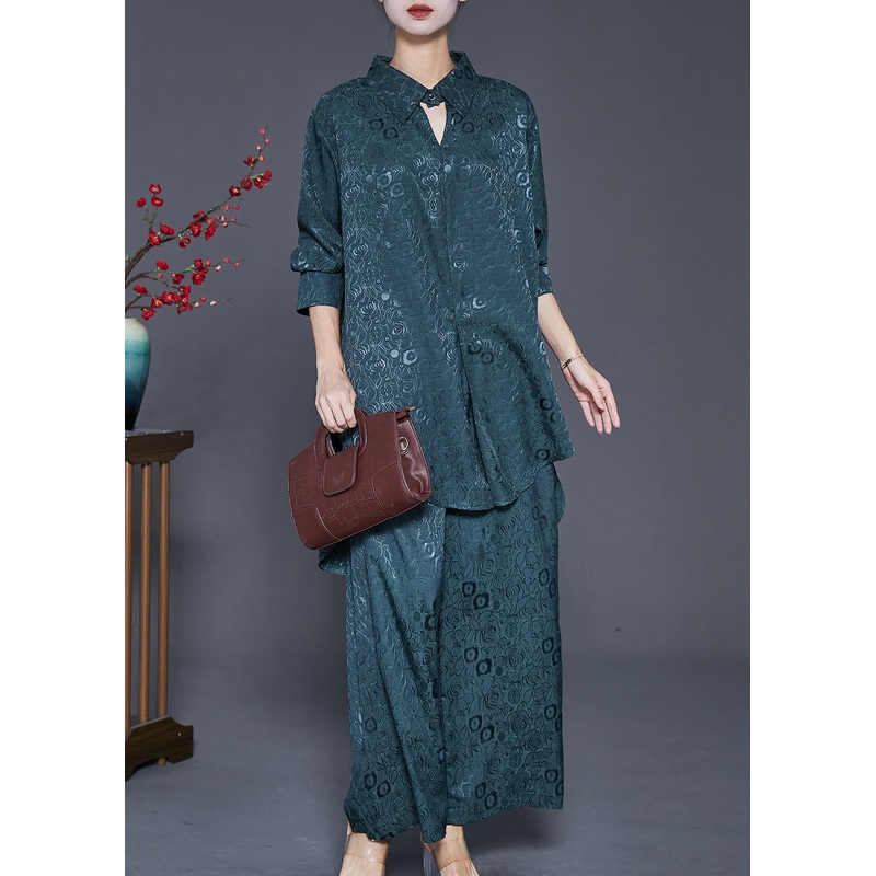 Beautiful Blackish Green Peter Pan Collar Jacquard Silk Two Pieces Set