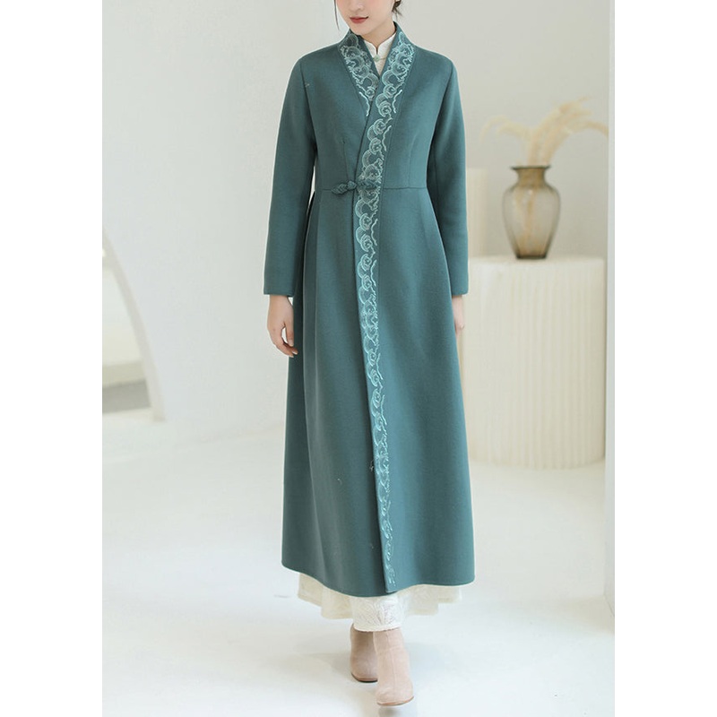 Beautiful Green Embroideried Chinese Button Woolen Trench Coats Winter
