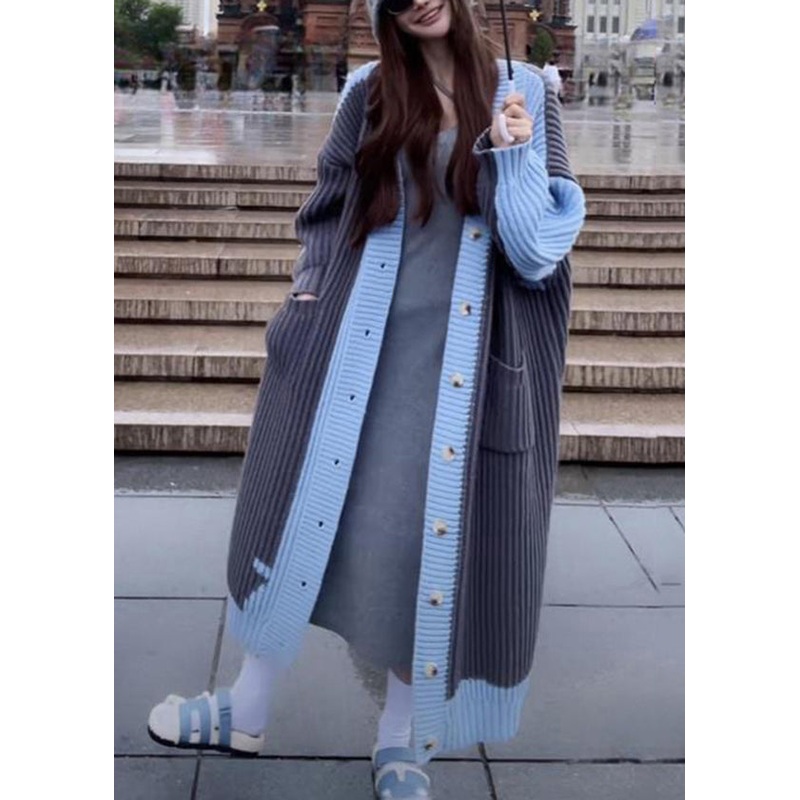 Beautiful Grey Blue V Neck Pockets Button Knit Loose Cardigan Fall