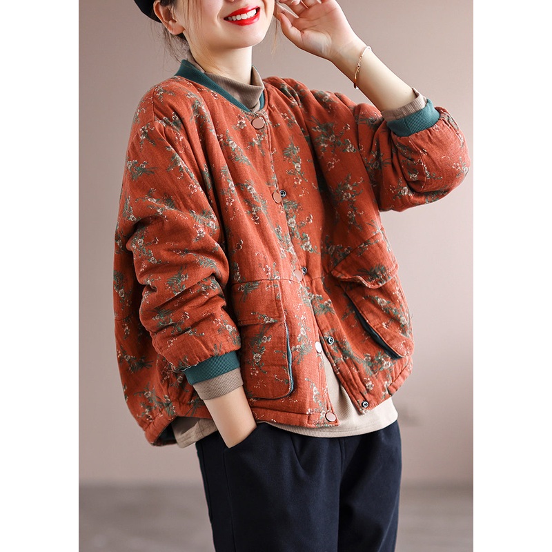 Beautiful Orange Pockets Patchwork Fine Cotton Filled Winter Coats